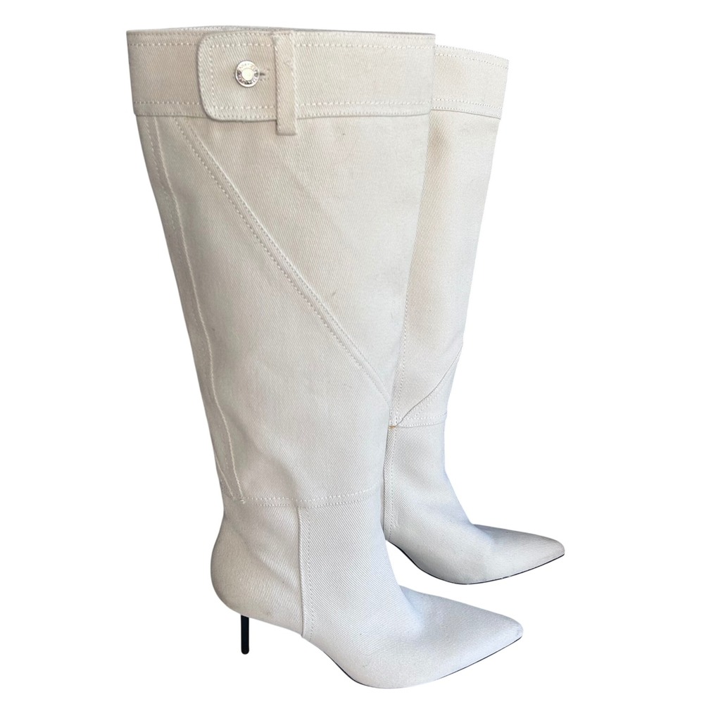Zara Knee High Denim Boots Womens Size 9 EU 40 White Stiletto Pointed Toe - Picture 5 of 14